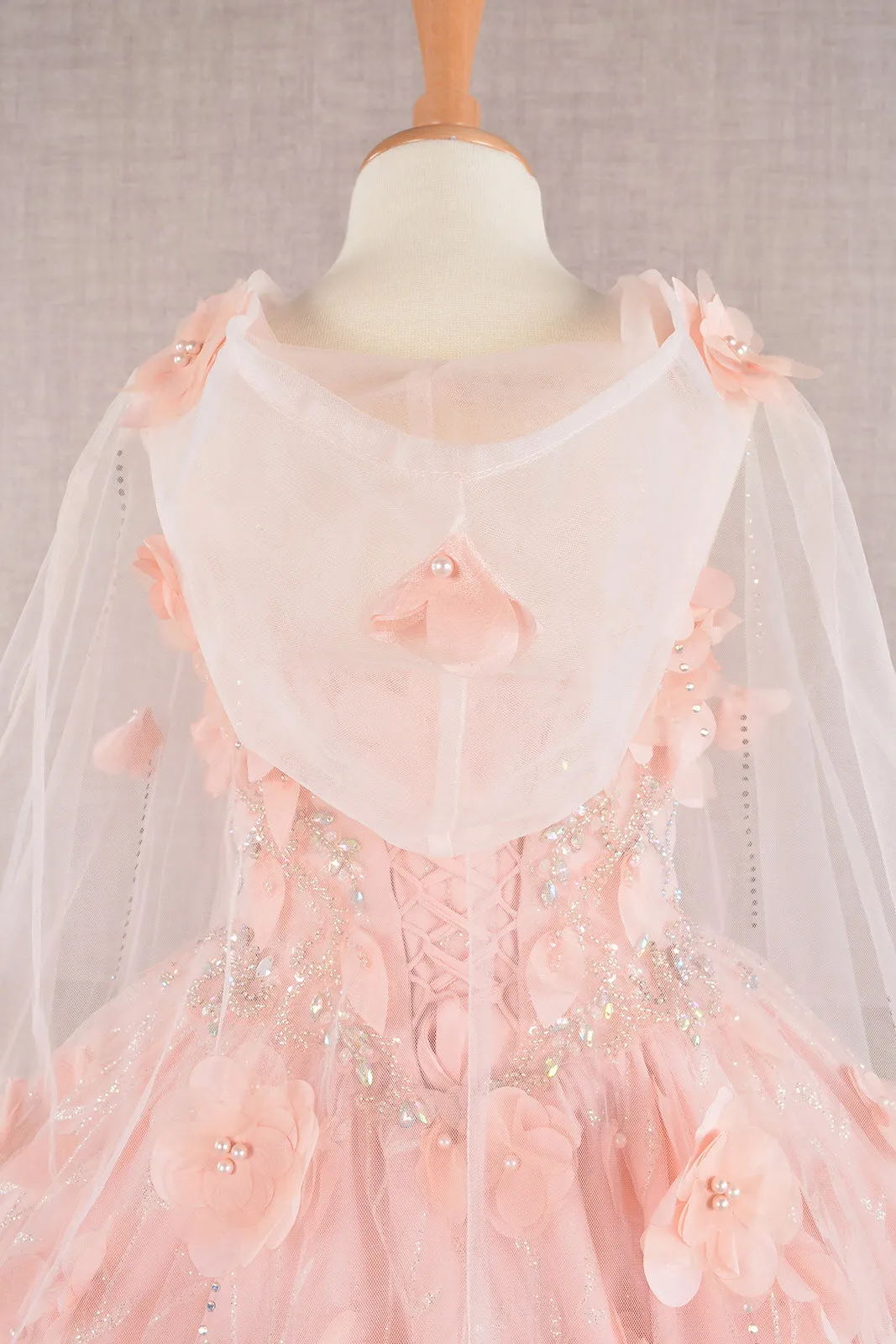 3D Flower Applique Jewel Mesh with Long Mesh Cloak Kids Dress GLGK105