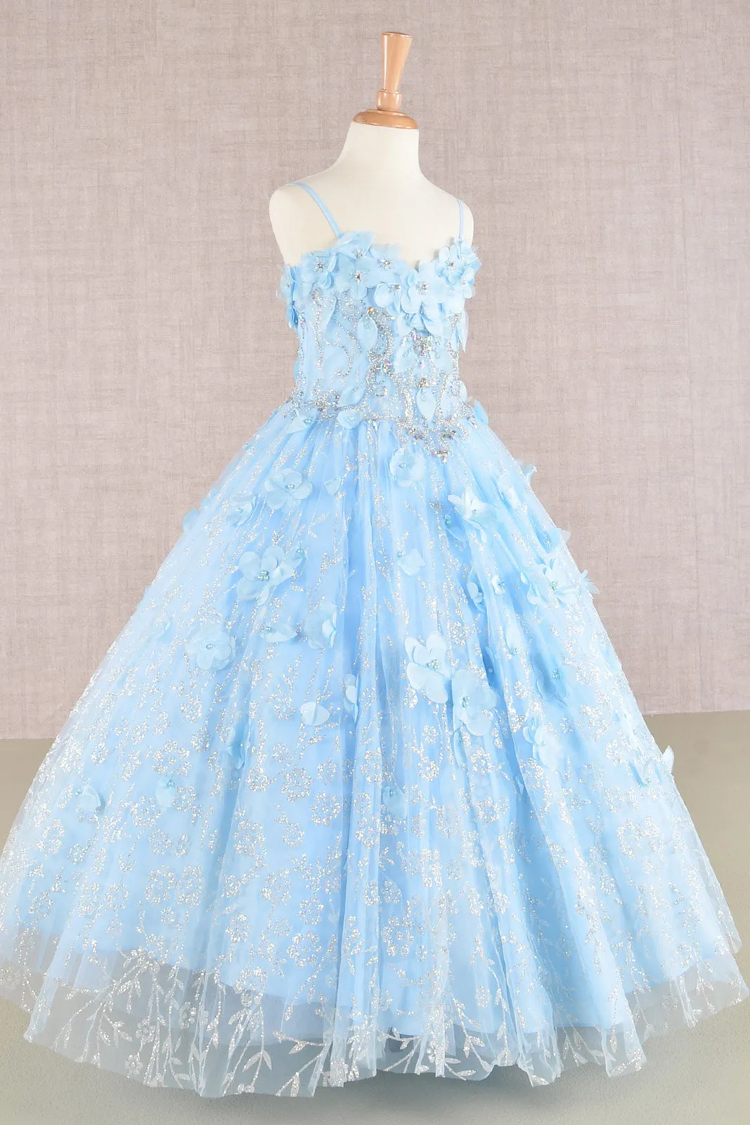 3D Flower Applique Jewel Mesh with Long Mesh Cloak Kids Dress GLGK105