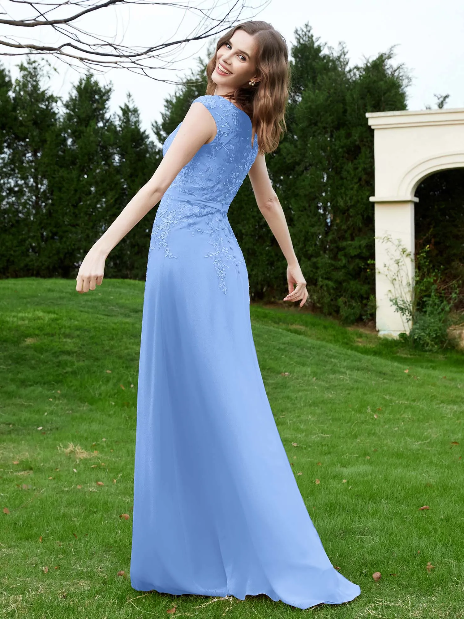 A-Line Chiffon Dress with Flower Appliqued Blue Plus Size