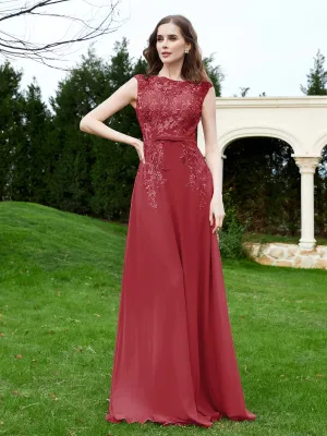 A-Line Chiffon Dress with Flower Appliqued Burgundy