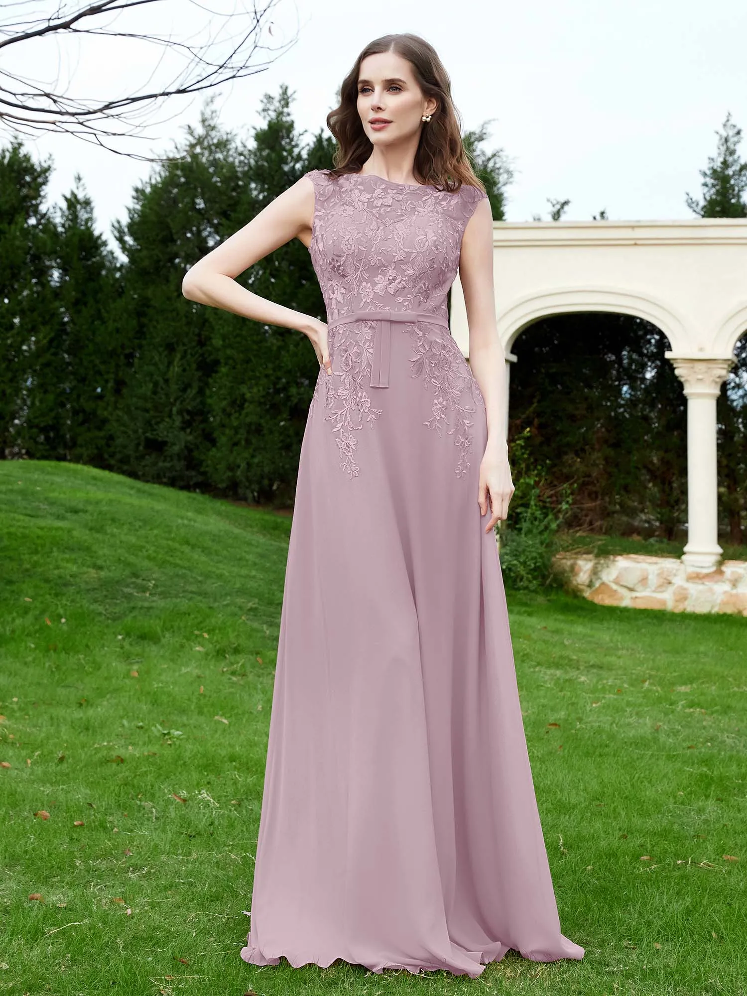 A-Line Chiffon Dress with Flower Appliqued Dusk Plus Size