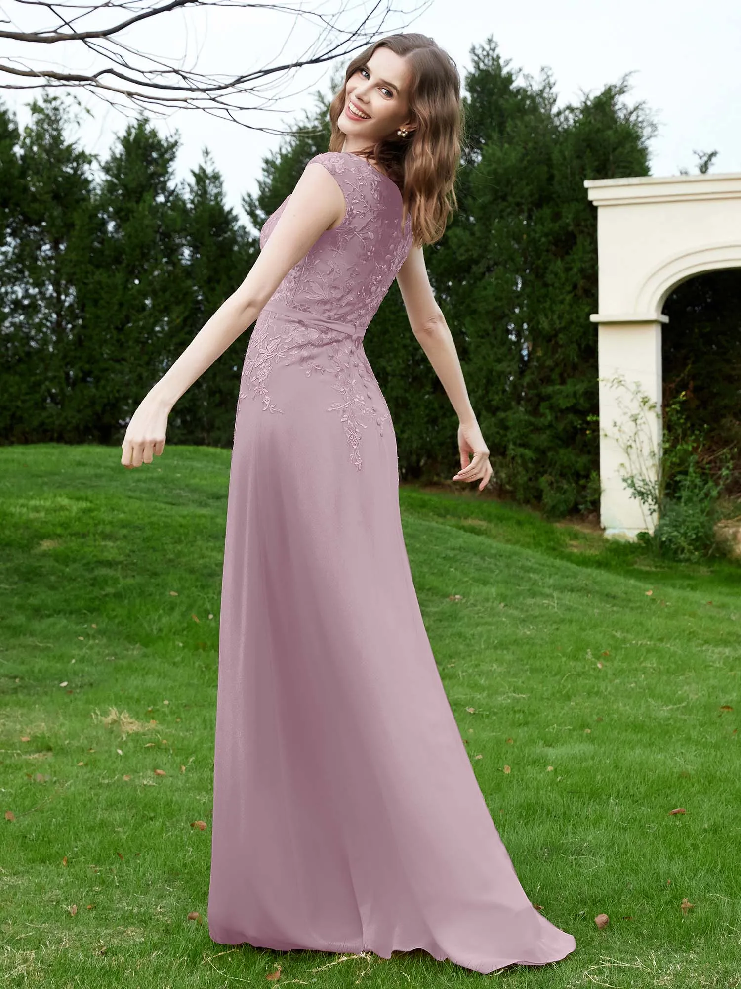 A-Line Chiffon Dress with Flower Appliqued Dusk Plus Size