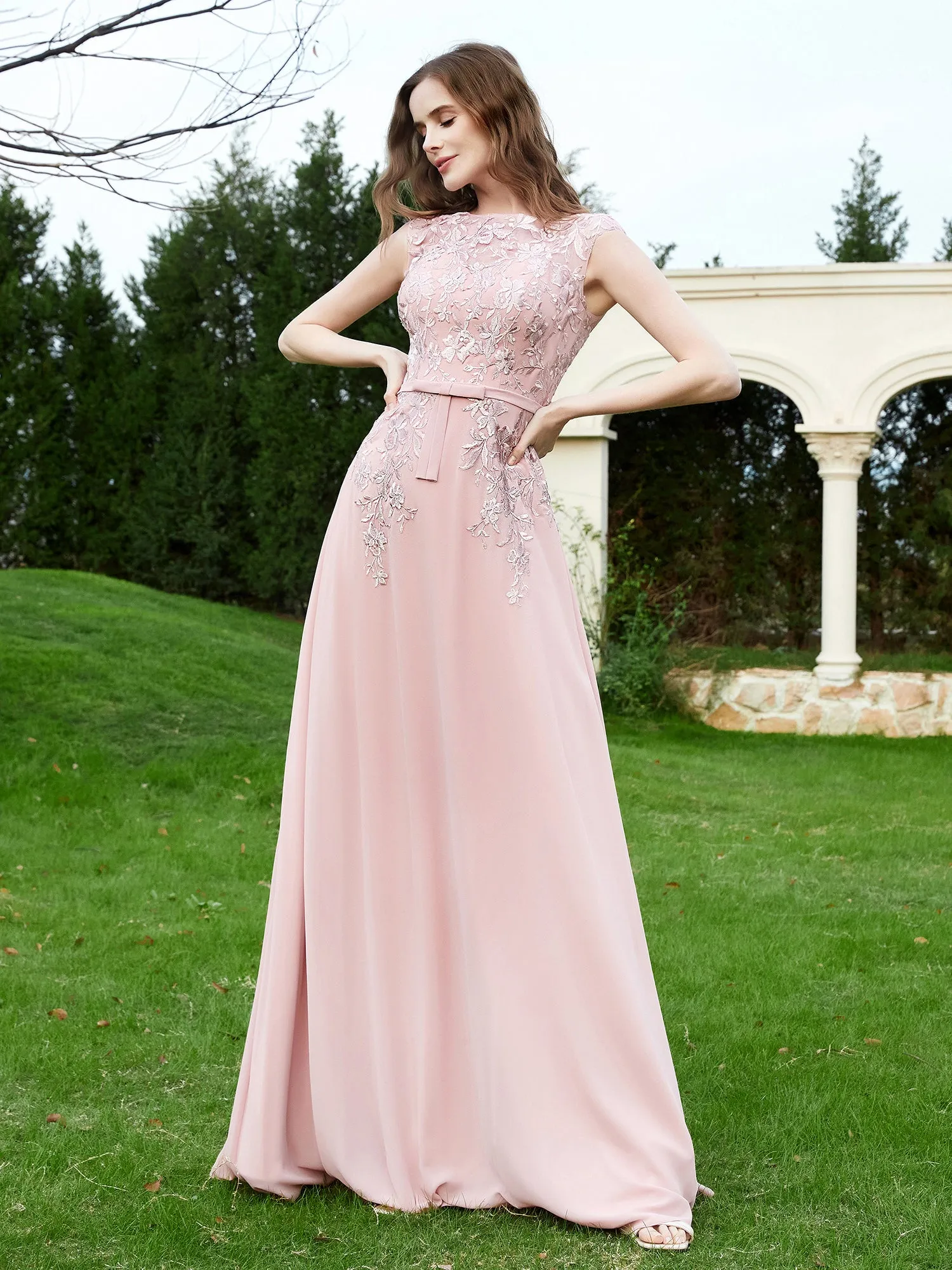 A-Line Chiffon Dress with Flower Appliqued Dusty Rose Plus Size