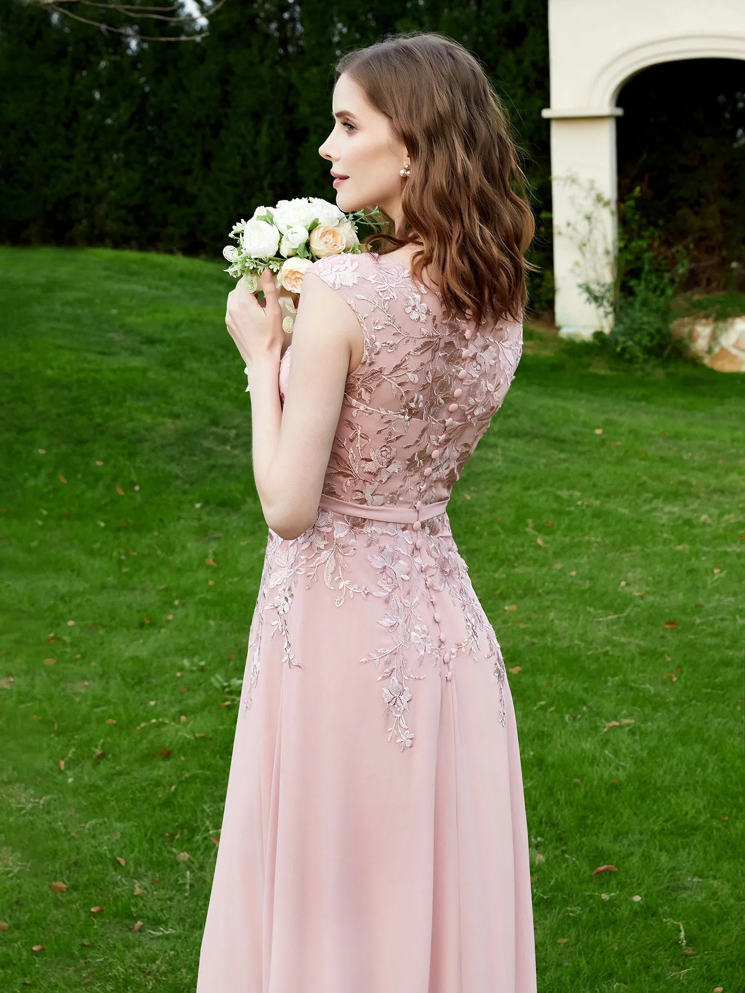 A-Line Chiffon Dress with Flower Appliqued Dusty Rose Plus Size