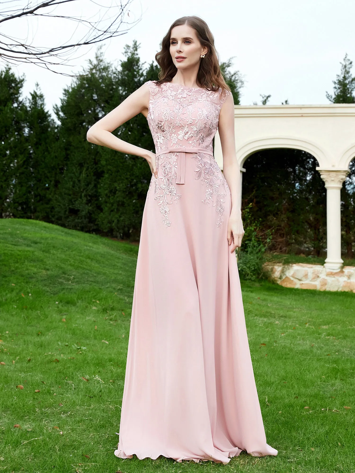 A-Line Chiffon Dress with Flower Appliqued Dusty Rose Plus Size