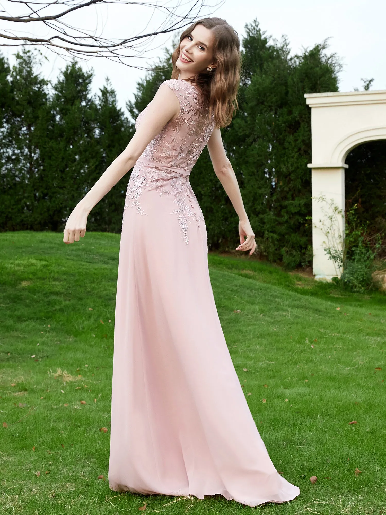 A-Line Chiffon Dress with Flower Appliqued Dusty Rose Plus Size