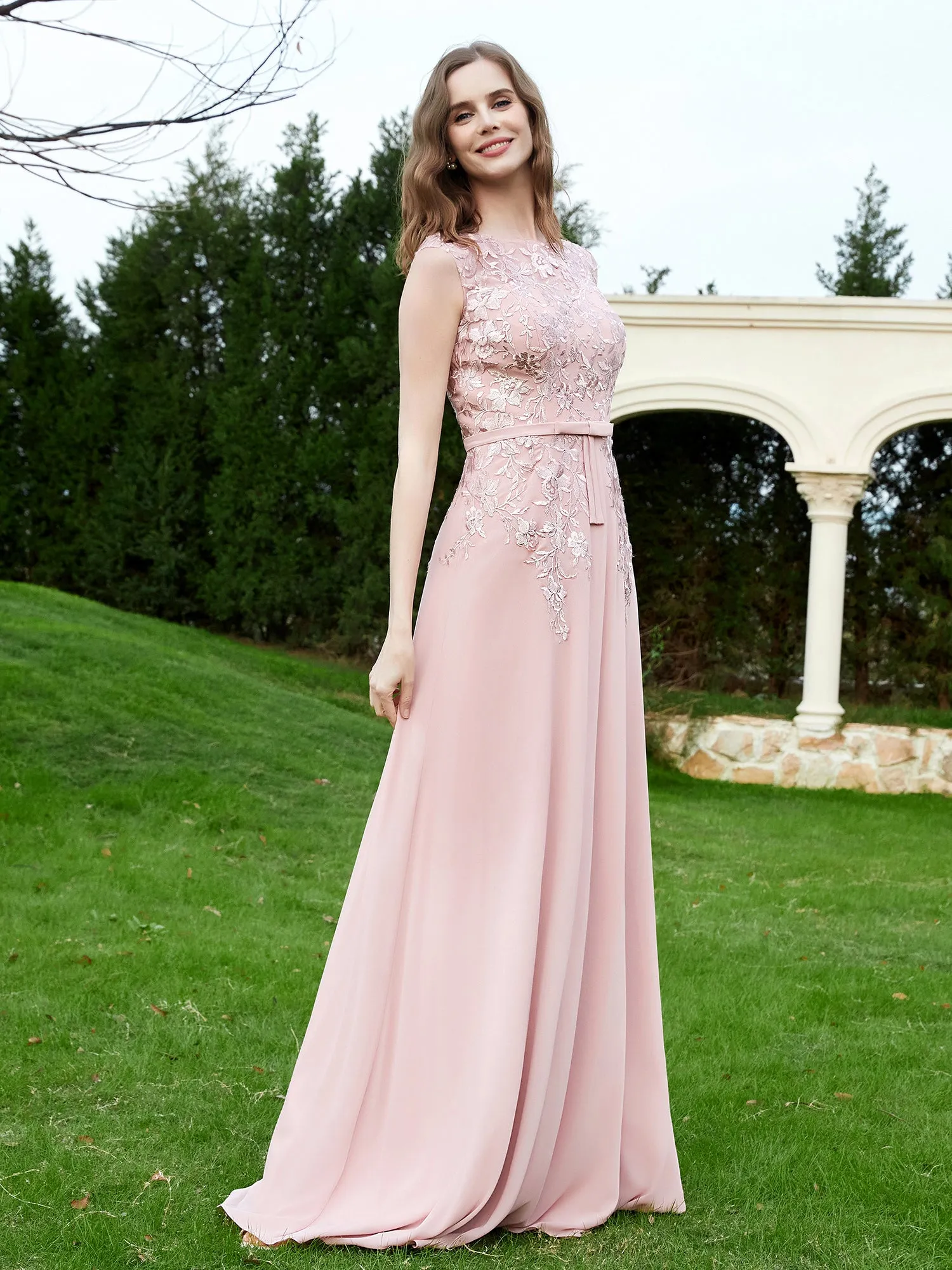 A-Line Chiffon Dress with Flower Appliqued Dusty Rose Plus Size