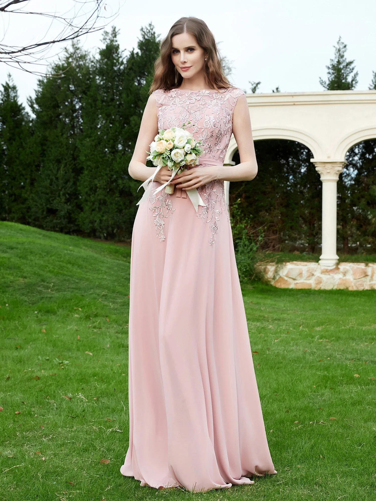 A-Line Chiffon Dress with Flower Appliqued Dusty Rose Plus Size