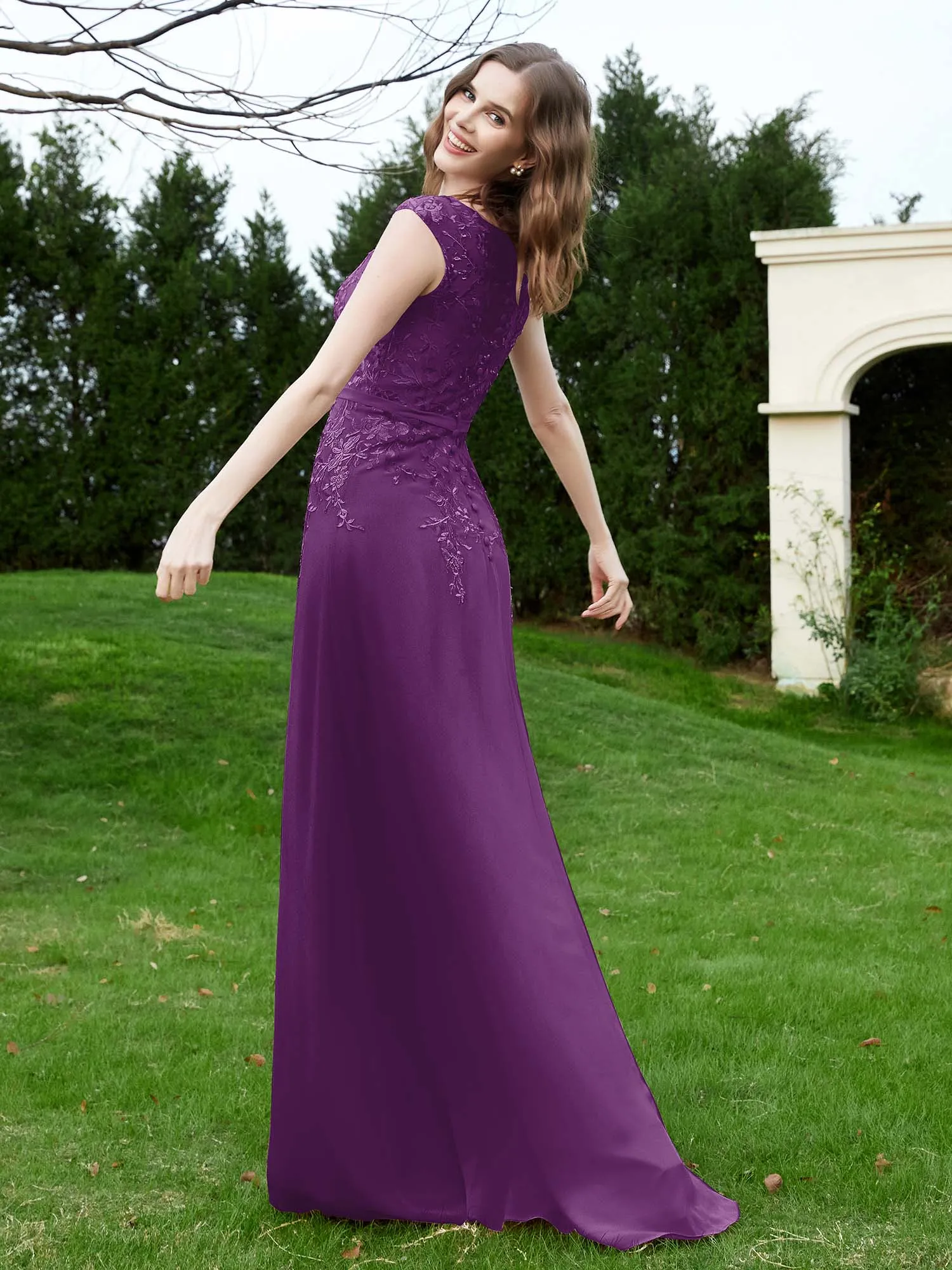 A-Line Chiffon Dress with Flower Appliqued Grape