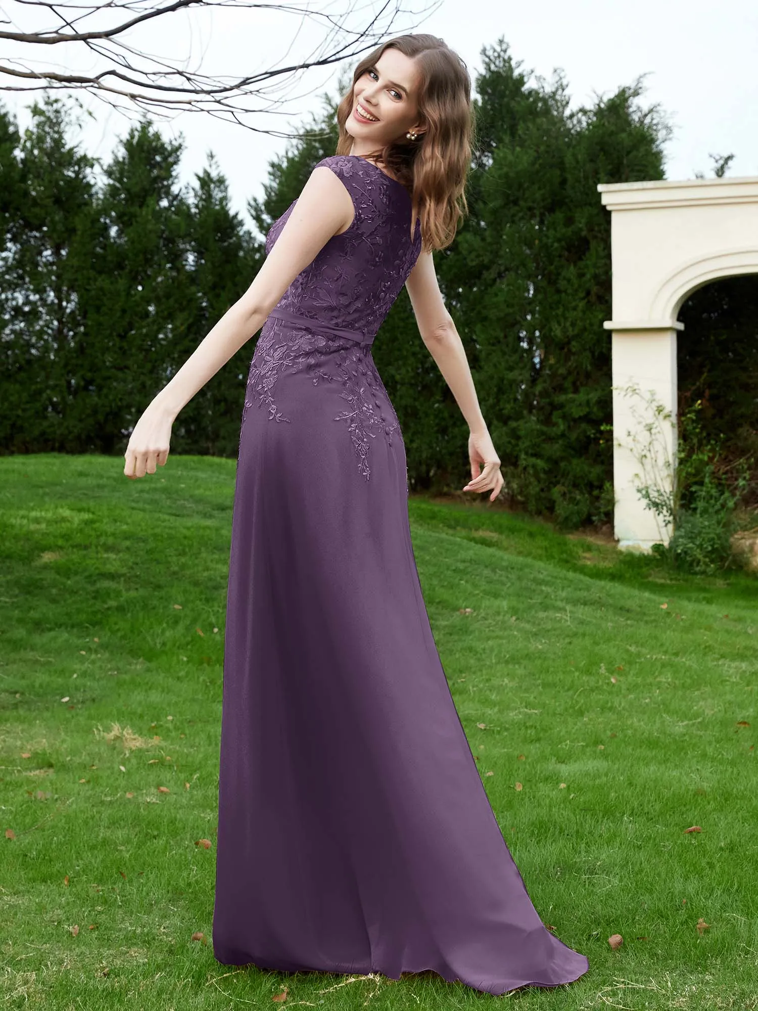 A-Line Chiffon Dress with Flower Appliqued Plum Plus Size