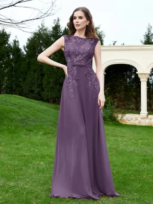 A-Line Chiffon Dress with Flower Appliqued Plum Plus Size