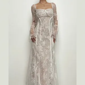BerriesJam - Flared Sleeve Contrast Zip-Up Lace Self Tie Maxi Dress