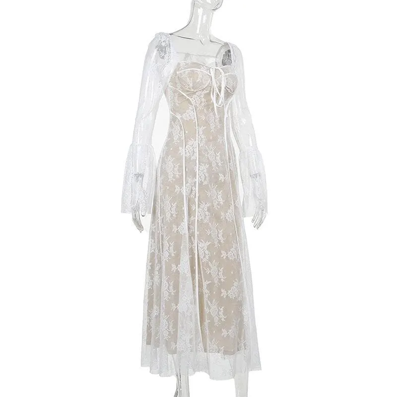 BerriesJam - Flared Sleeve Contrast Zip-Up Lace Self Tie Maxi Dress