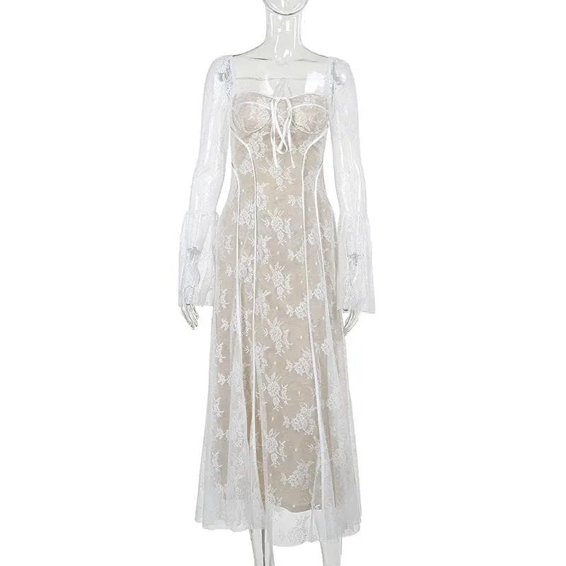 BerriesJam - Flared Sleeve Contrast Zip-Up Lace Self Tie Maxi Dress