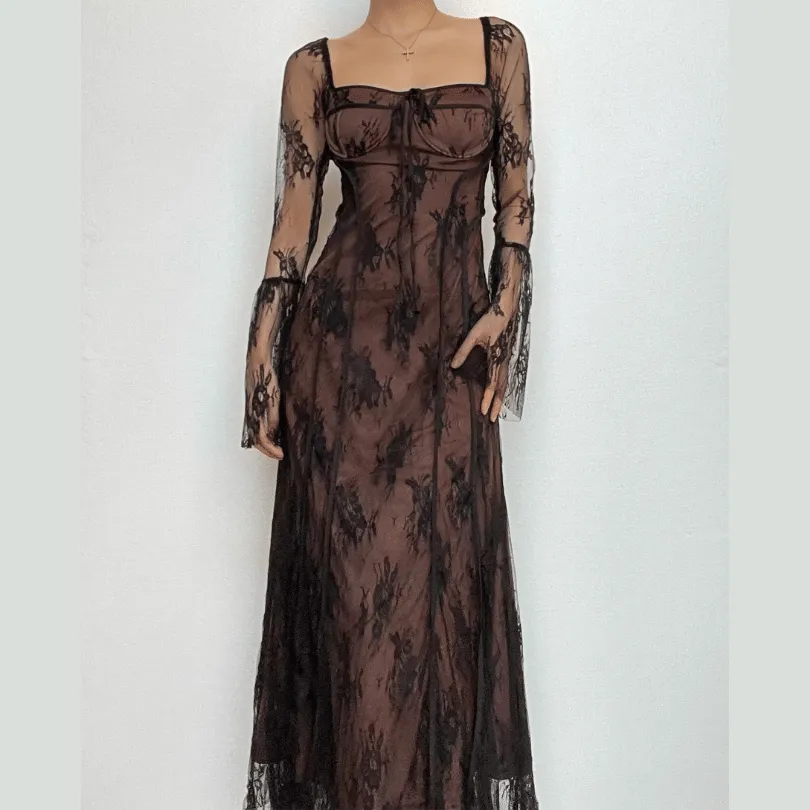 BerriesJam - Flared Sleeve Contrast Zip-Up Lace Self Tie Maxi Dress