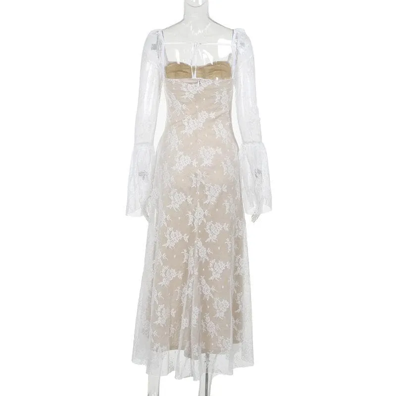 BerriesJam - Flared Sleeve Contrast Zip-Up Lace Self Tie Maxi Dress