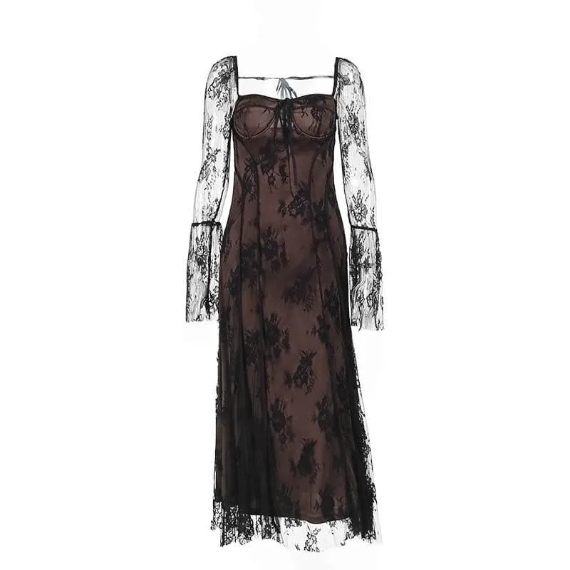 BerriesJam - Flared Sleeve Contrast Zip-Up Lace Self Tie Maxi Dress
