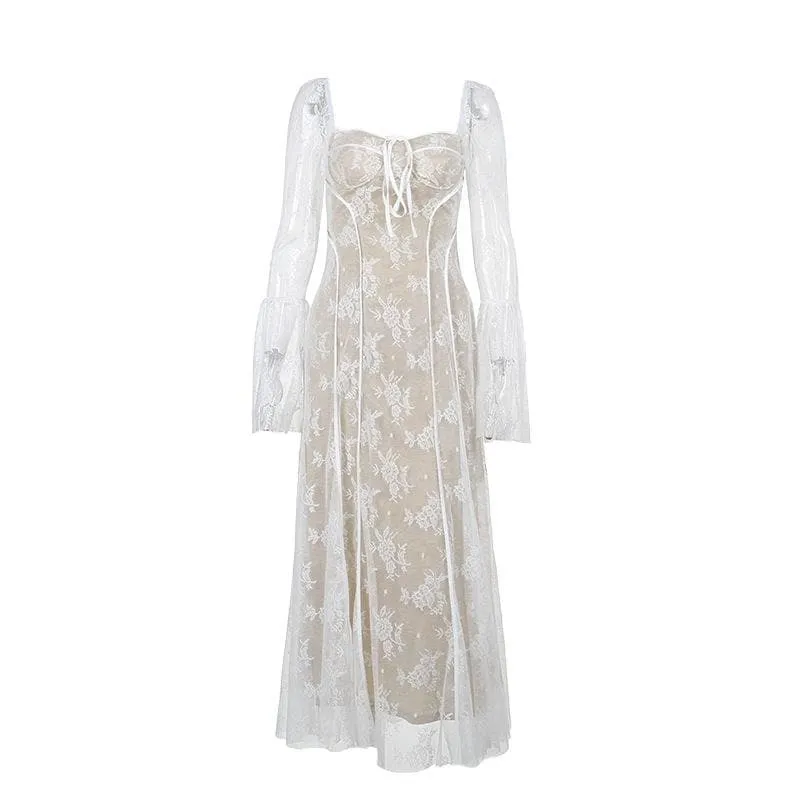 BerriesJam - Flared Sleeve Contrast Zip-Up Lace Self Tie Maxi Dress