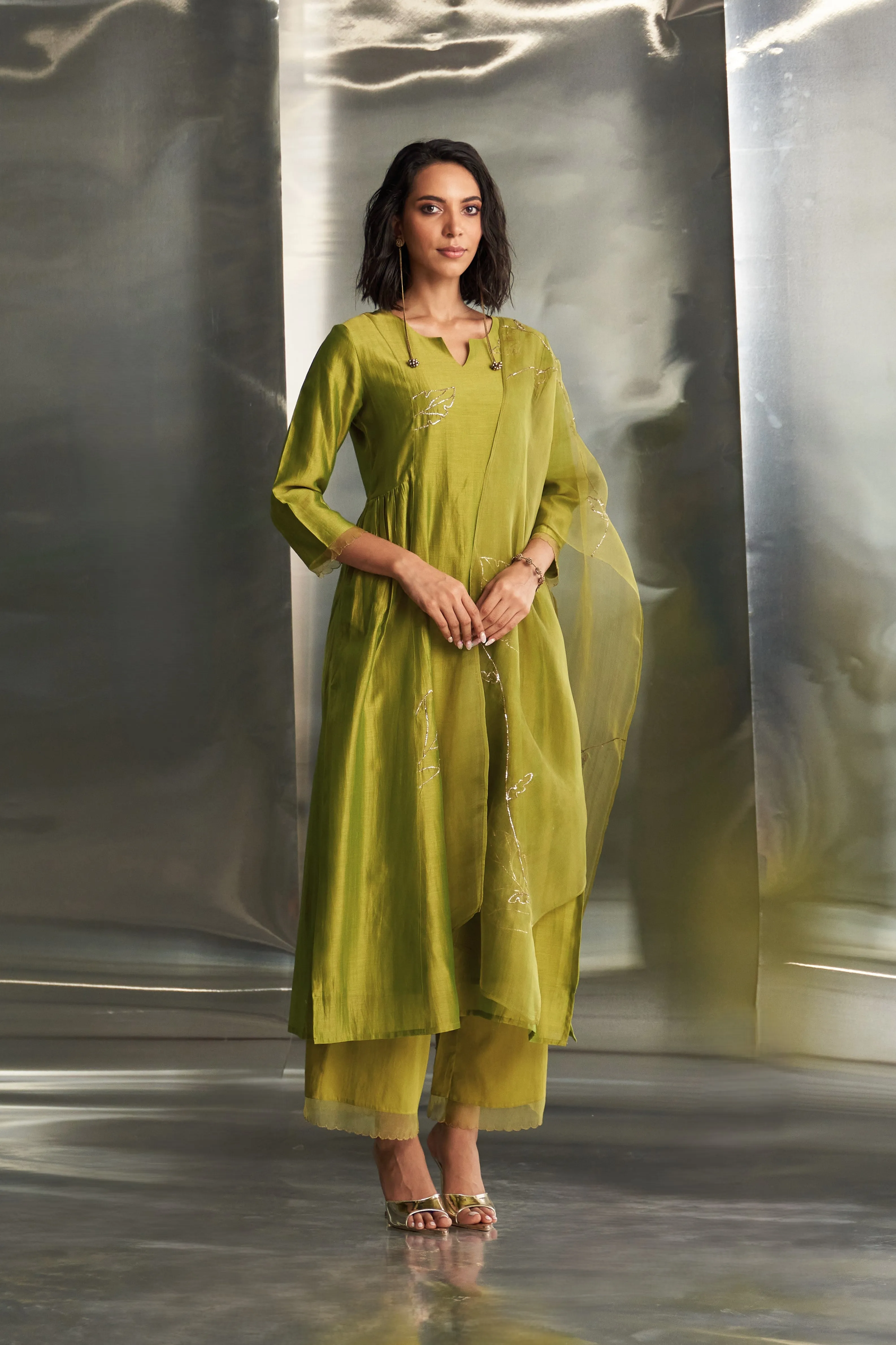 Berry Green Side Gathered Kurta Set