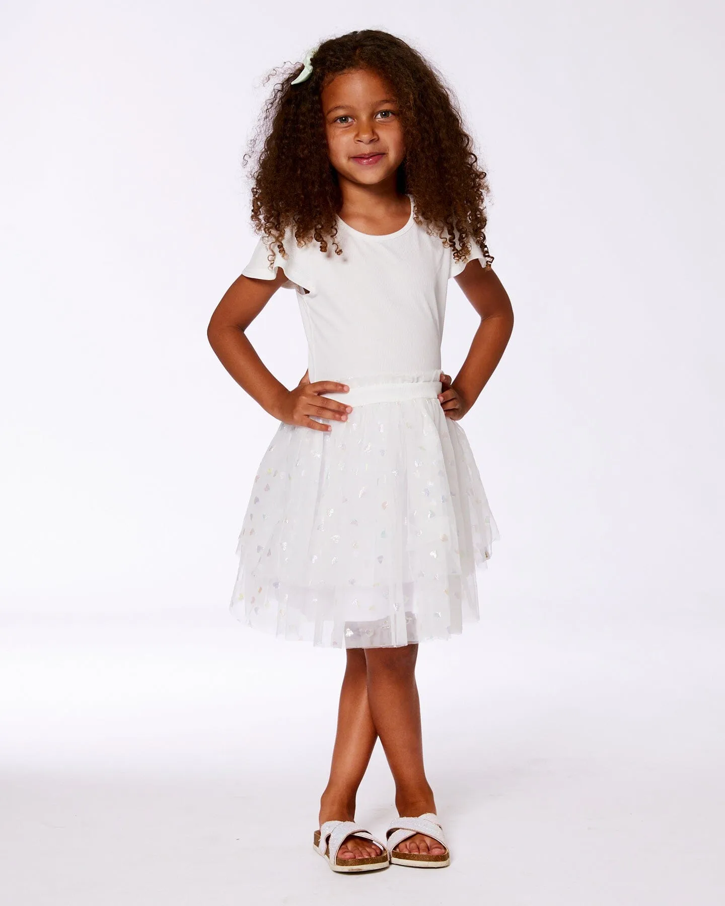 Bi-Material Dress With Glitter Hearts Skirt Snow White