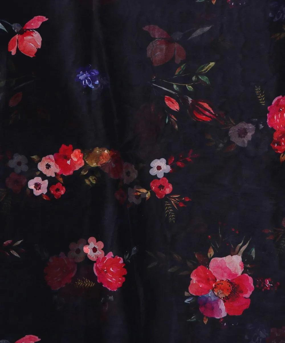 Black Colour  Floral Digital Print Organza Fabric
