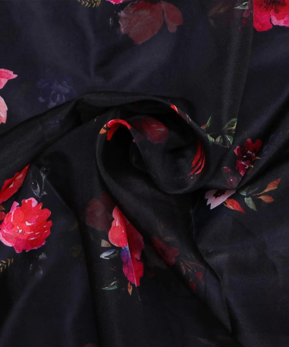 Black Colour  Floral Digital Print Organza Fabric