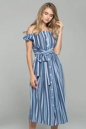 Blue Crepe Stripe Print Off-The-Shoulder Maxi Dress