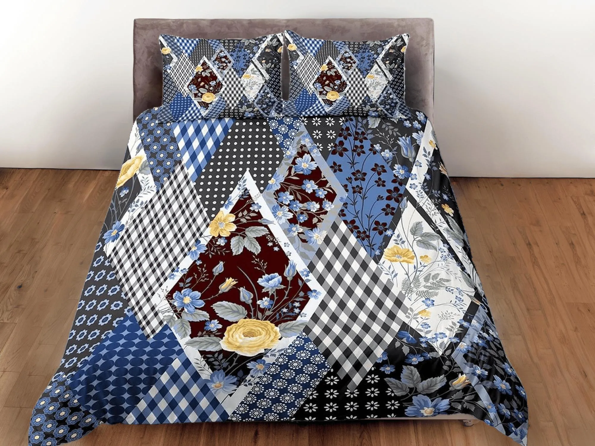 Blue floral and plaid patchwork quilt printed duvet cover set, aesthetic room bedding set full, king, queen size, boho bedspread shabby chic