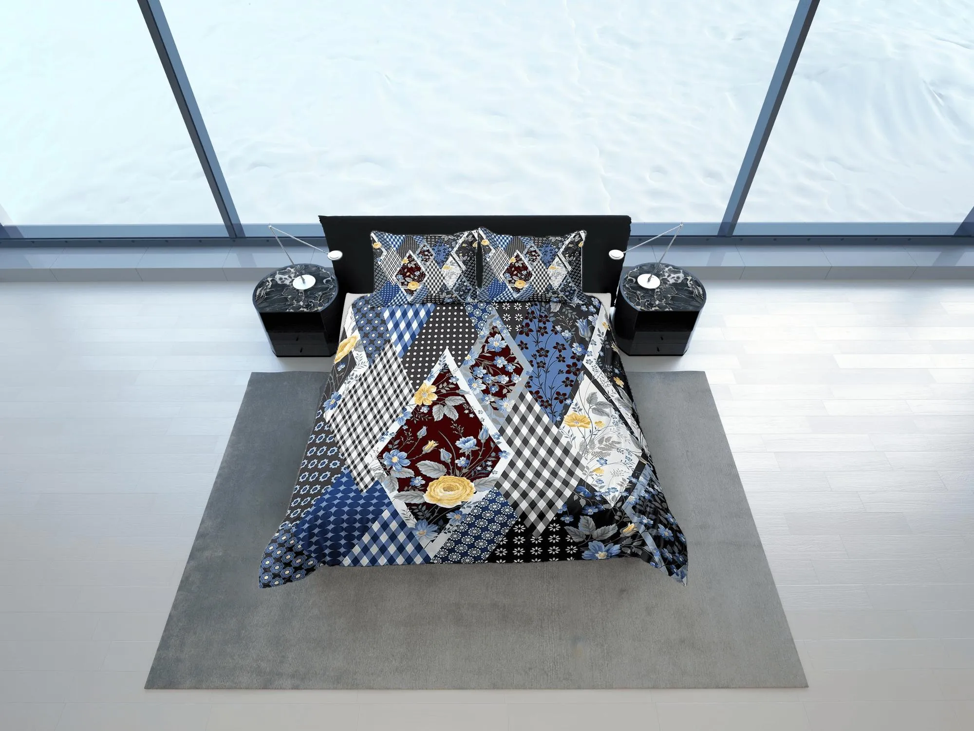 Blue floral and plaid patchwork quilt printed duvet cover set, aesthetic room bedding set full, king, queen size, boho bedspread shabby chic