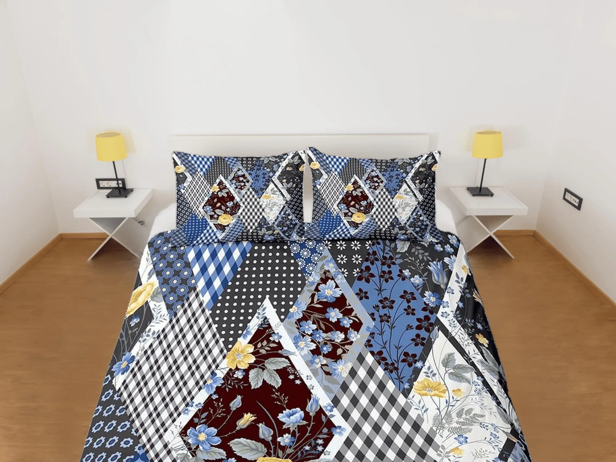 Blue floral and plaid patchwork quilt printed duvet cover set, aesthetic room bedding set full, king, queen size, boho bedspread shabby chic