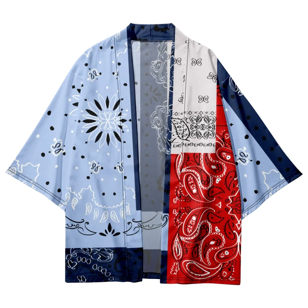 Blue Patchwork Cashew Motif Kimono Shirt