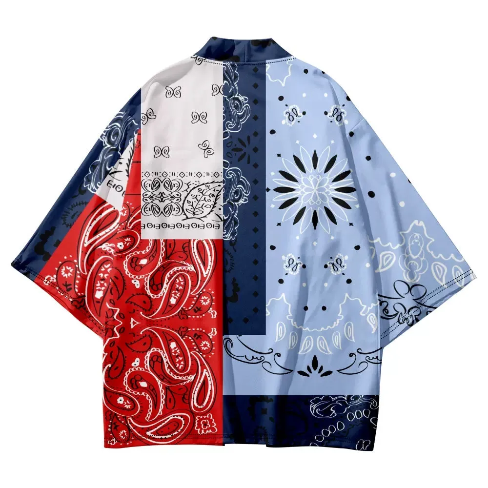 Blue Patchwork Cashew Motif Kimono Shirt
