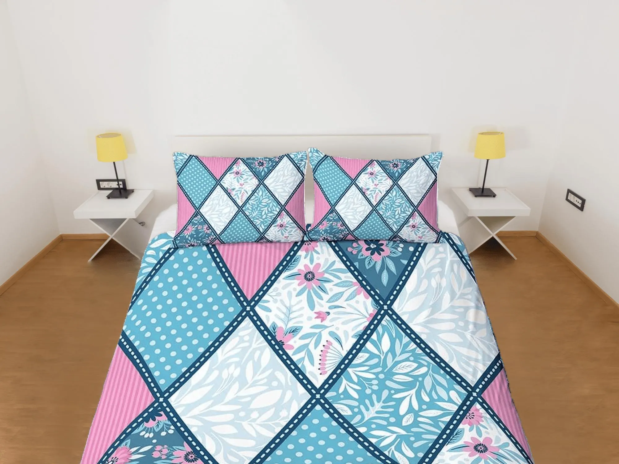 Blue pink patchwork quilt diamond printed duvet cover set, aesthetic room bedding set full, king, queen size, boho bedspread shabby chic