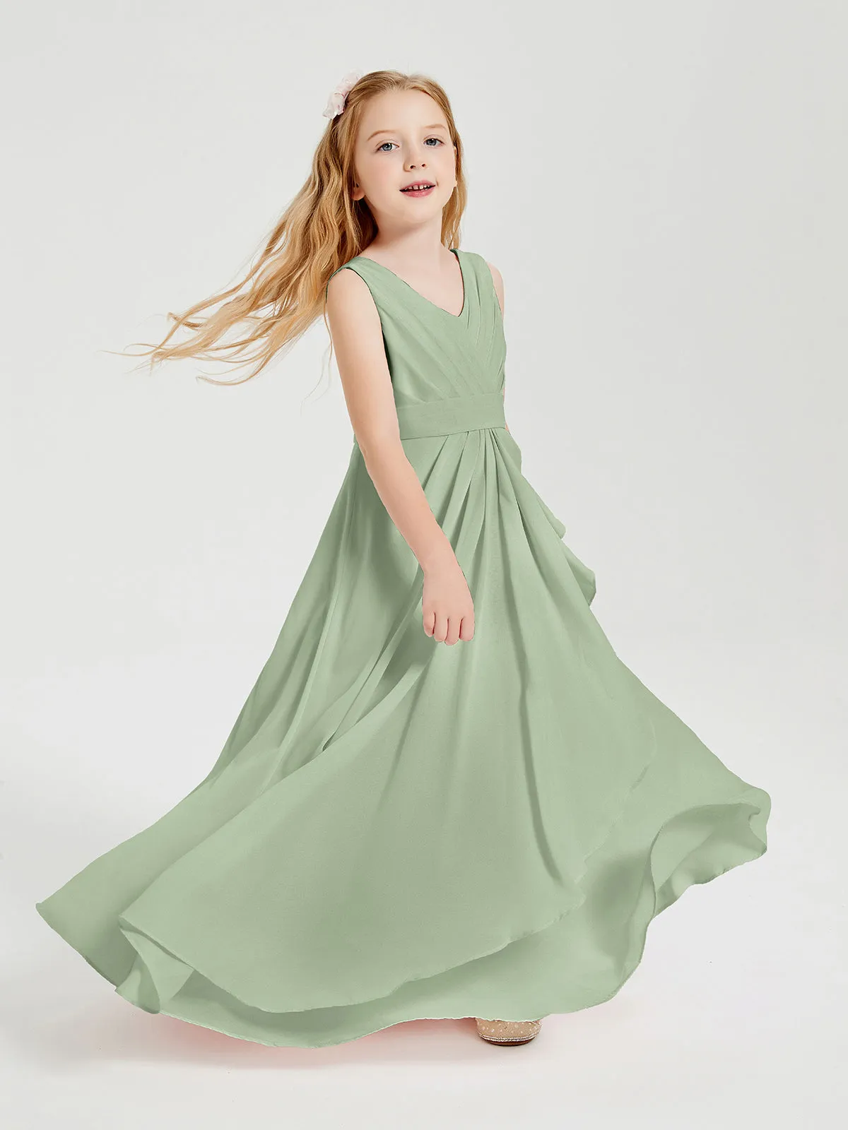 Boho Long Chiffon Bridesmaid Dresses Cascading Skirt Dusty Sage
