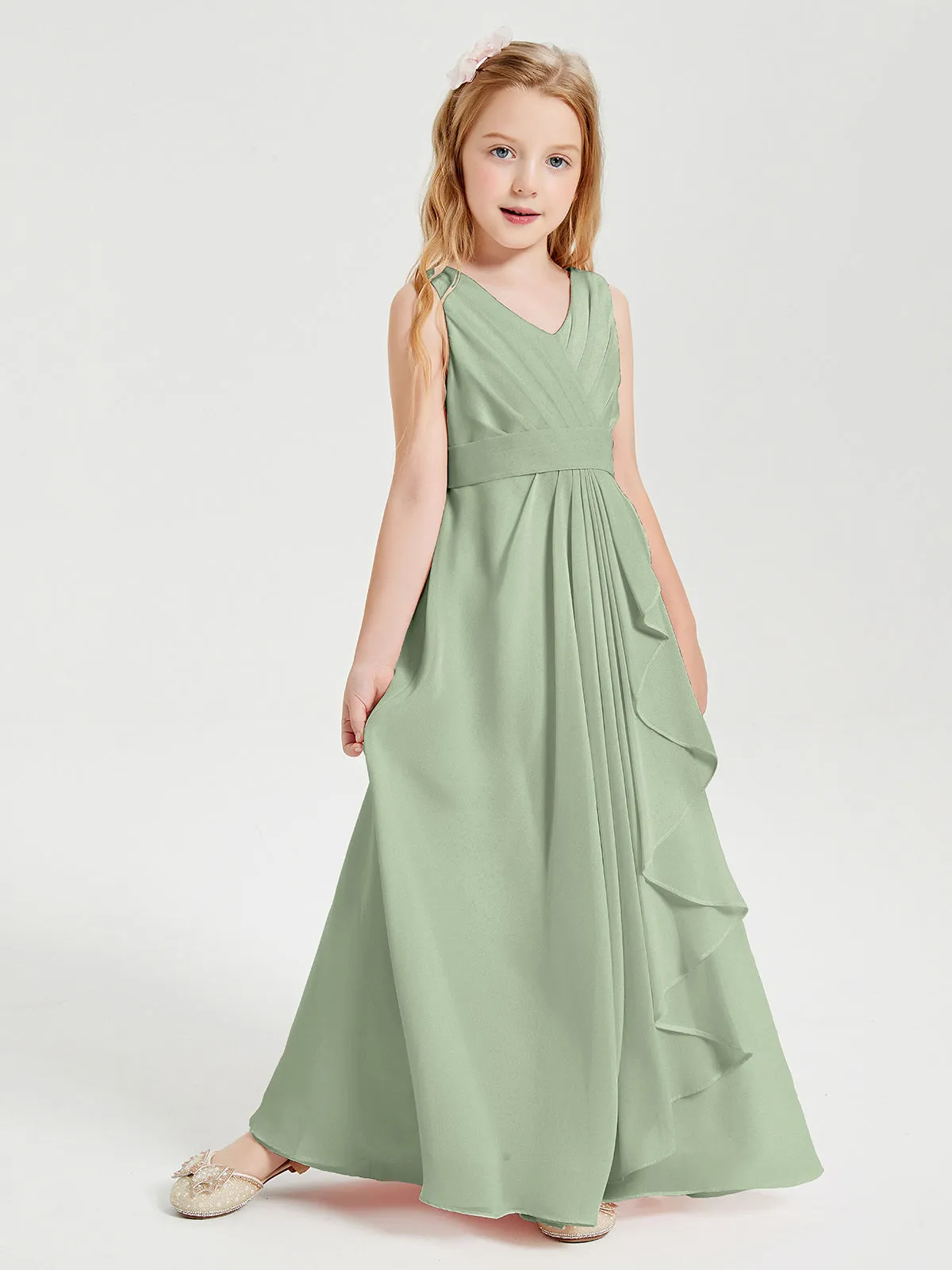 Boho Long Chiffon Bridesmaid Dresses Cascading Skirt Dusty Sage
