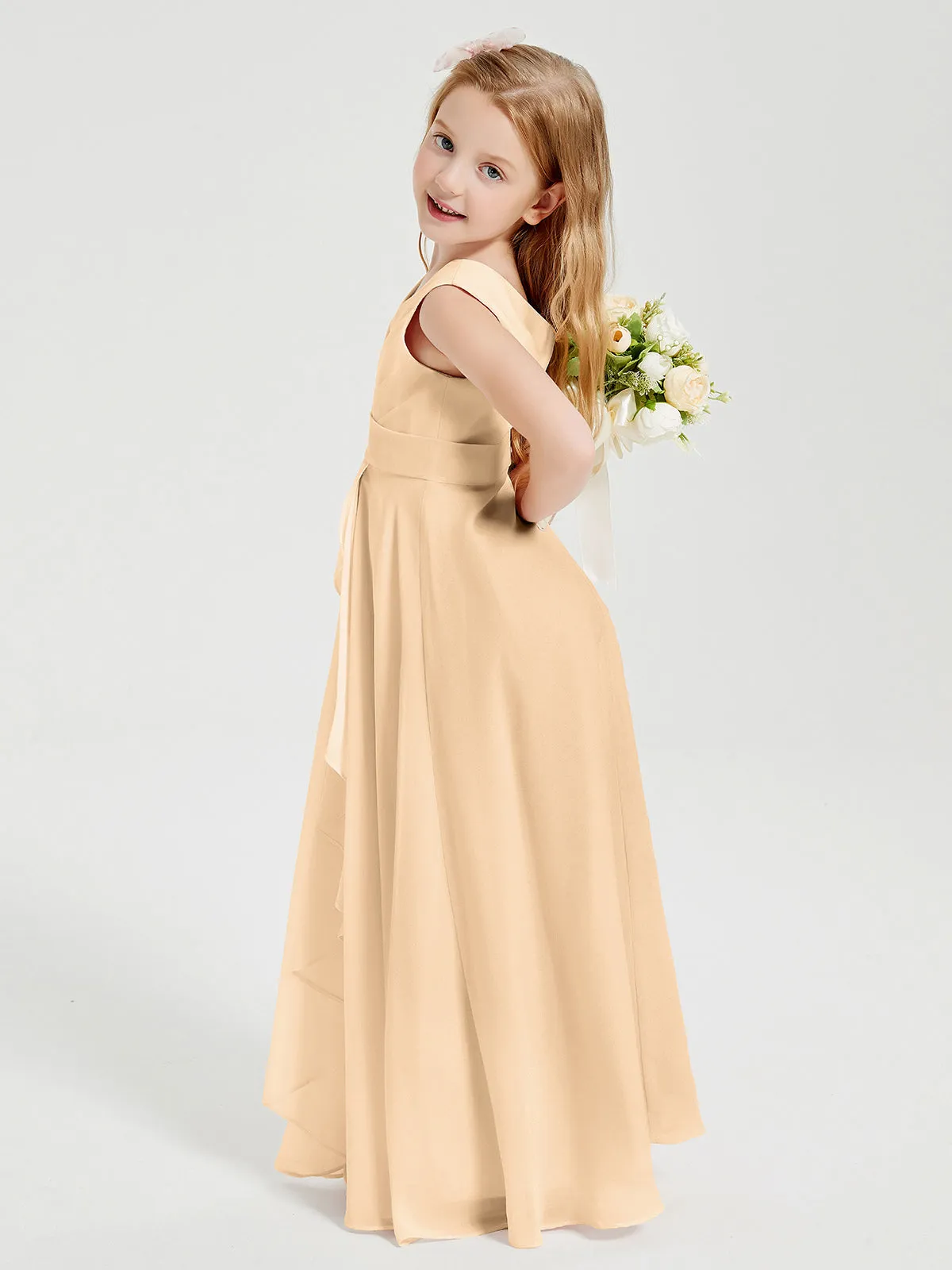 Boho Long Chiffon Bridesmaid Dresses Cascading Skirt Peach