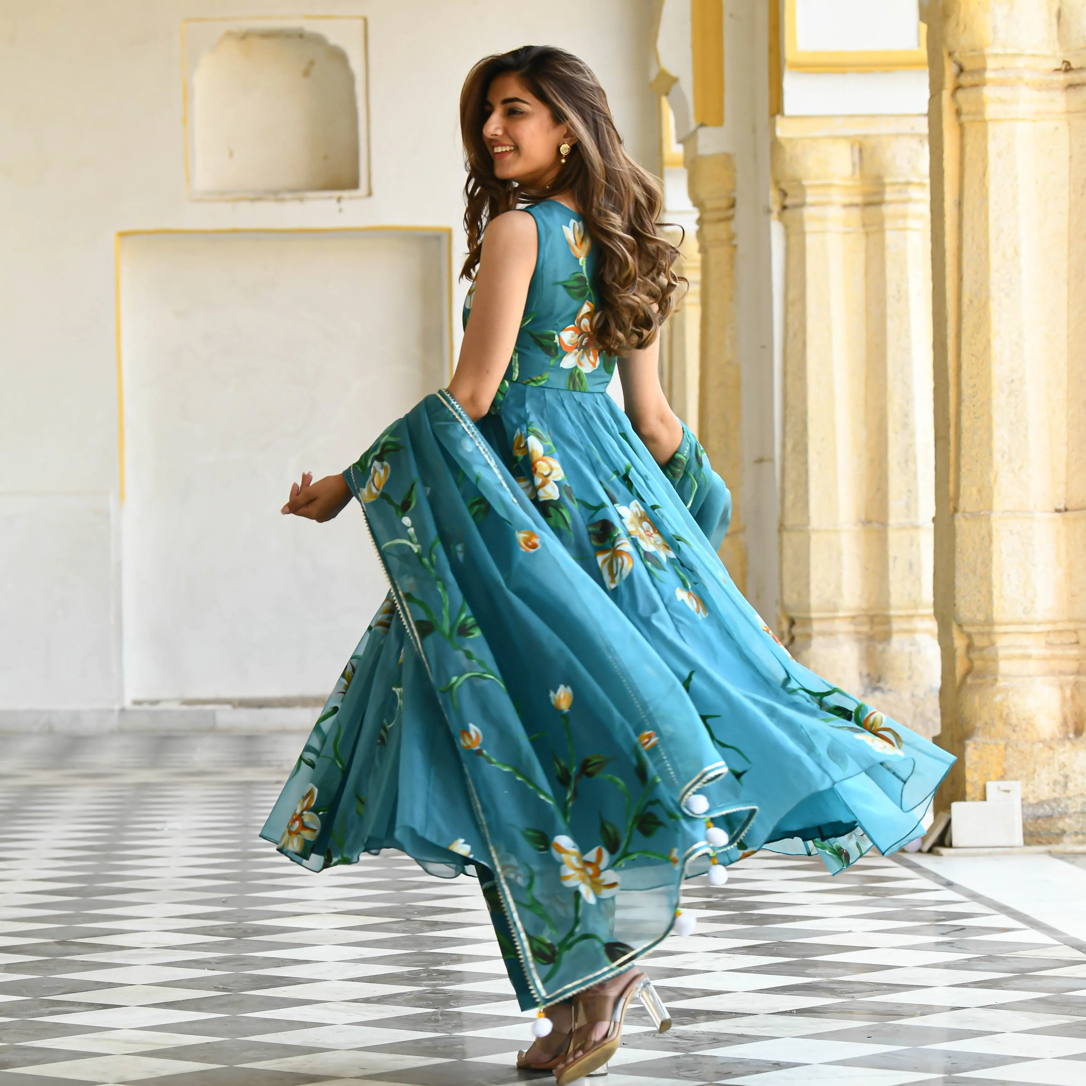 Bunaai Ocean Floral Handpainted Organza Suit