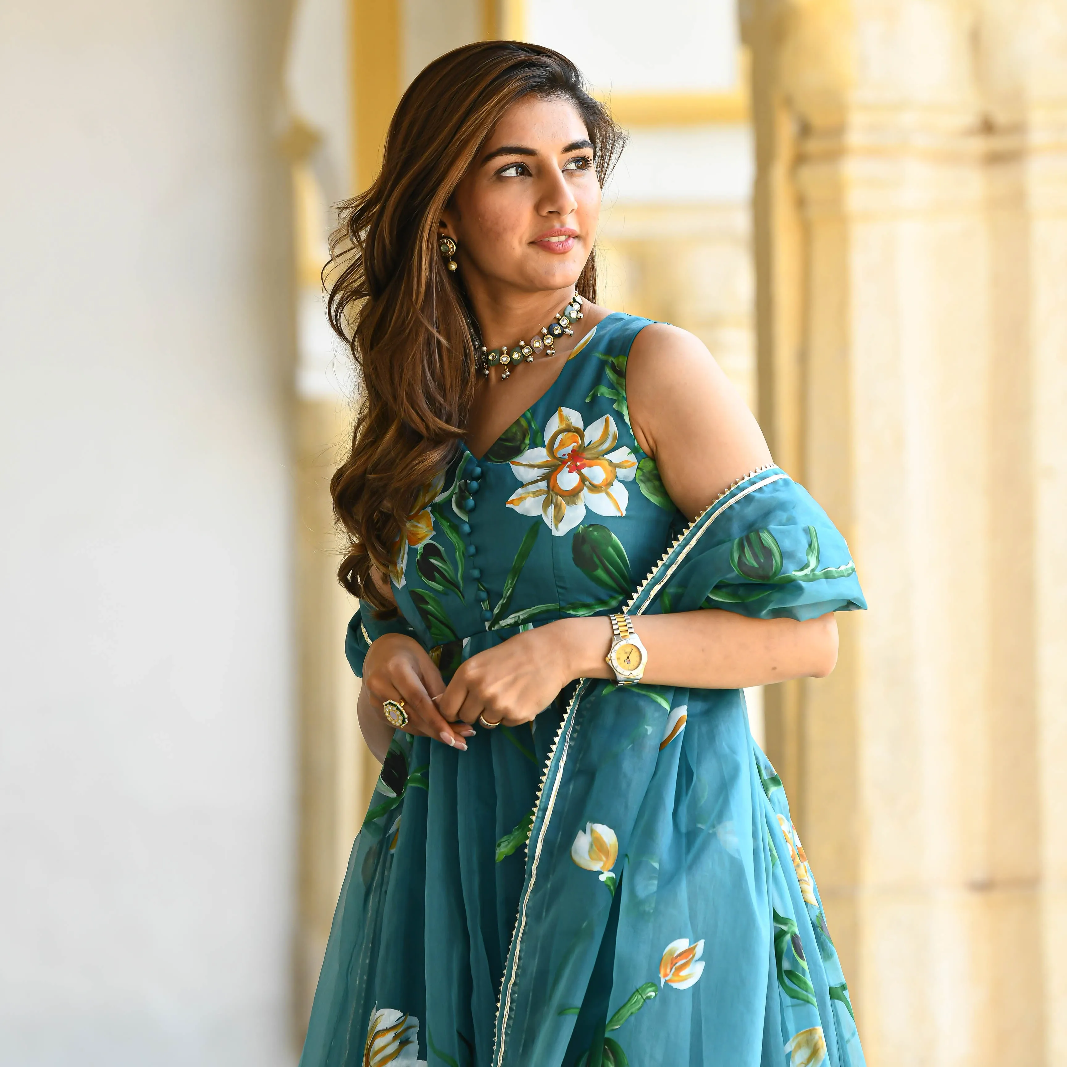 Bunaai Ocean Floral Handpainted Organza Suit
