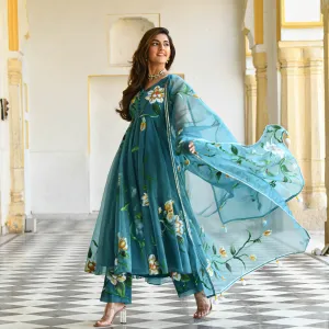 Bunaai Ocean Floral Handpainted Organza Suit