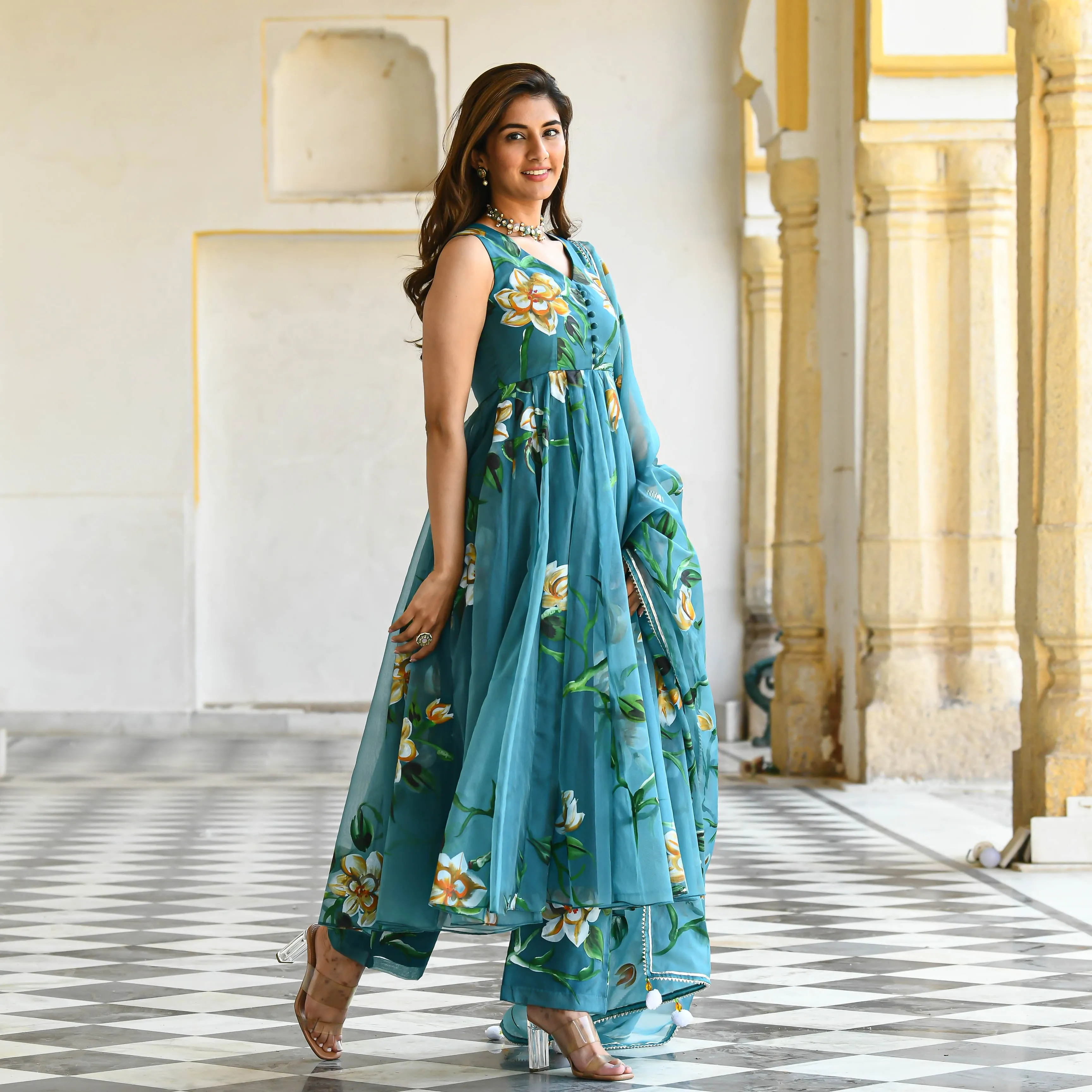 Bunaai Ocean Floral Handpainted Organza Suit