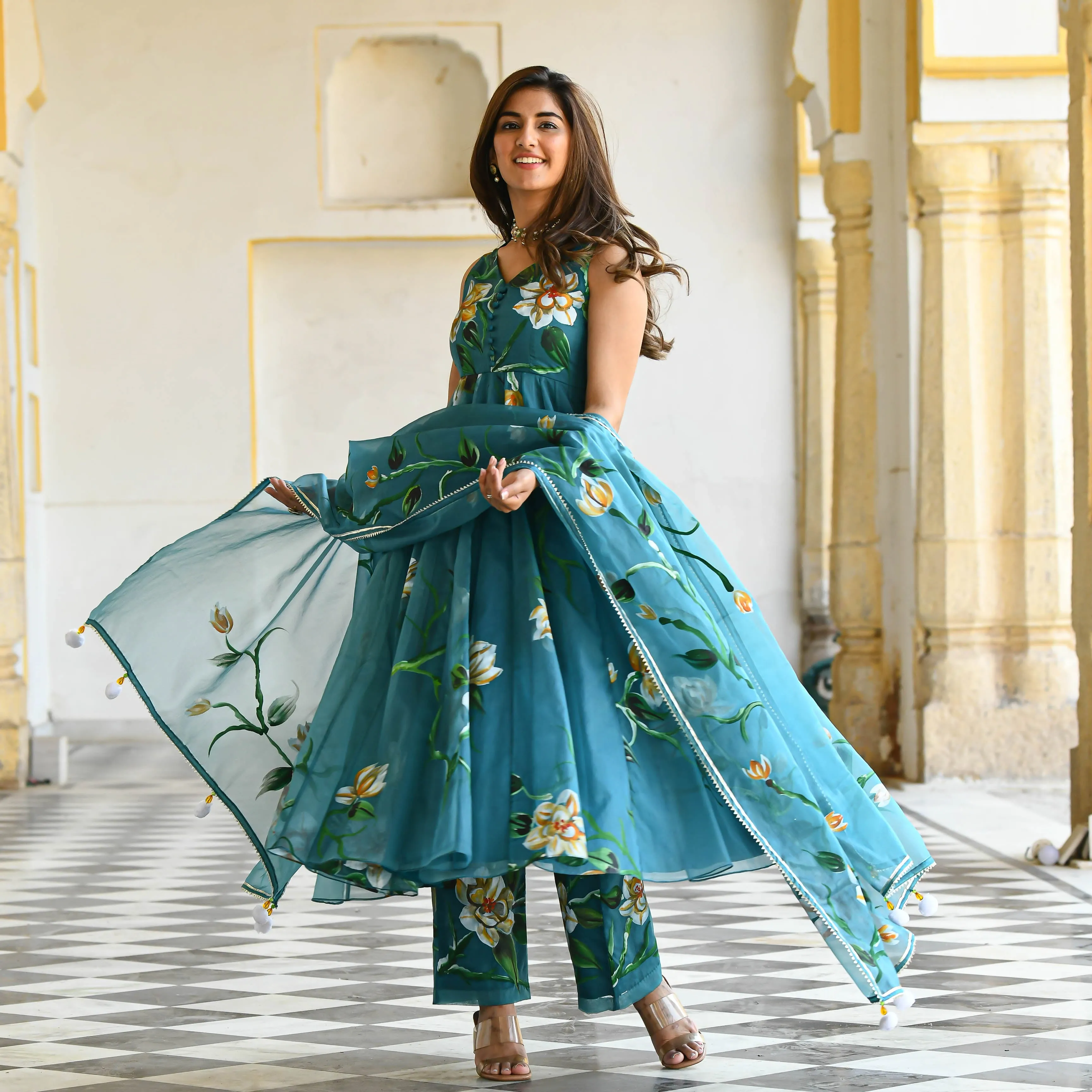 Bunaai Ocean Floral Handpainted Organza Suit