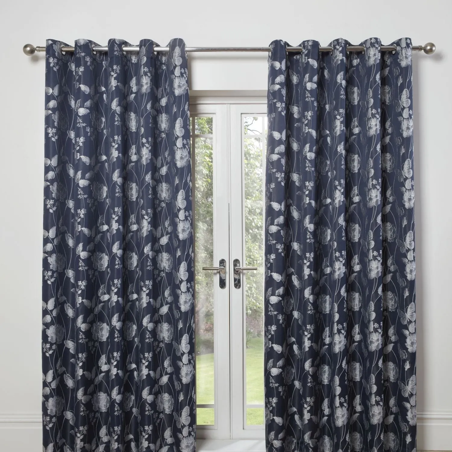 Butterfly Meadow Navy Blue Lined Eyelet Jacquard Curtains