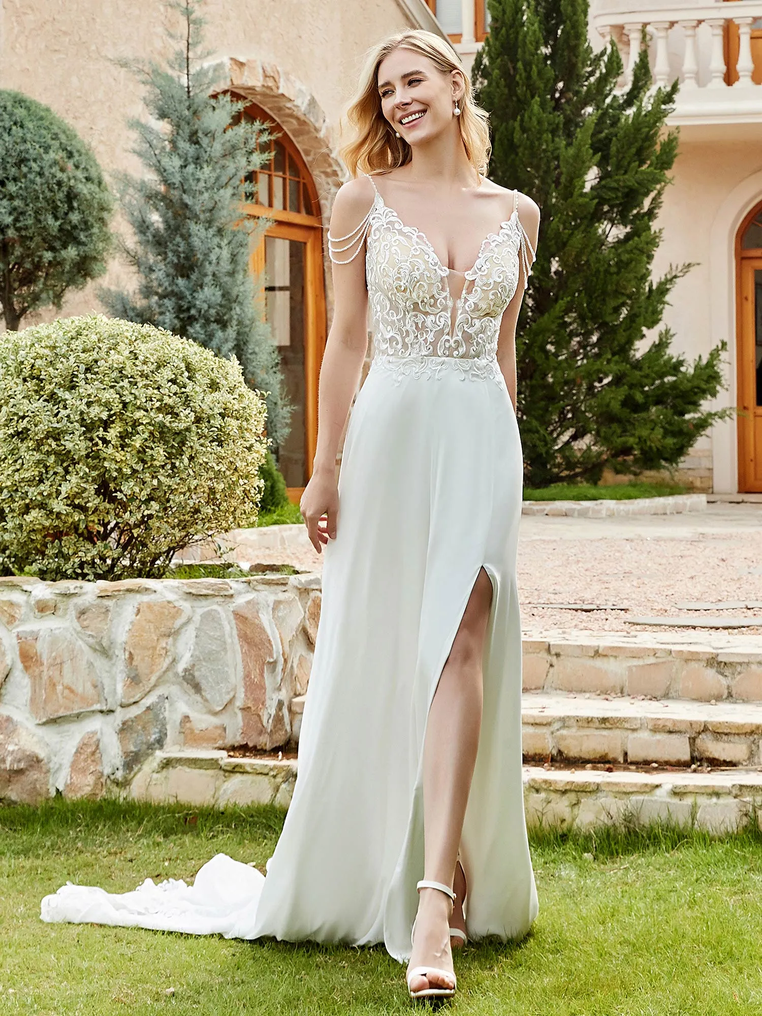 Chiffon And Lace  A-Line Wedding Dress With Buttons Ivory
