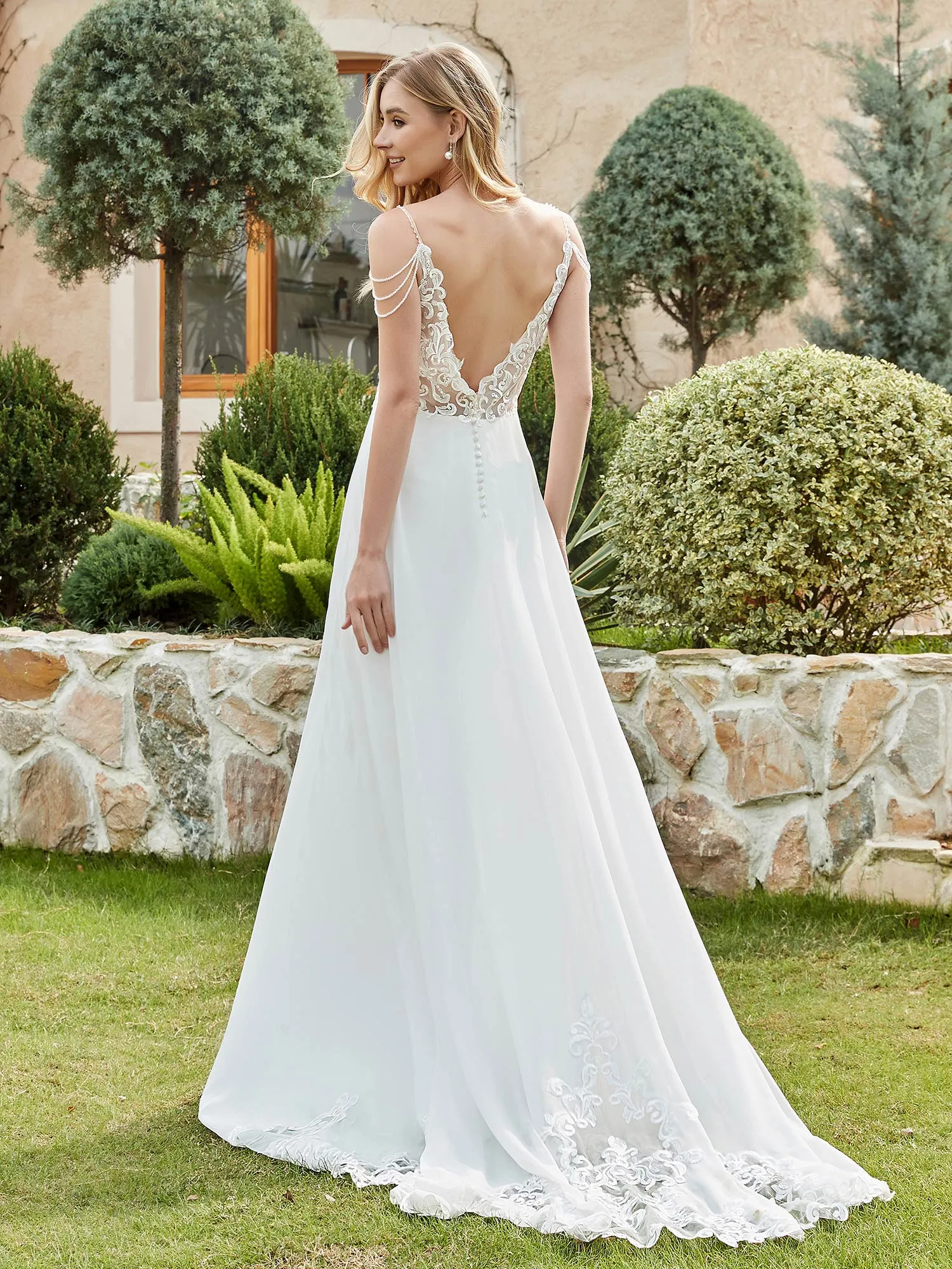 Chiffon And Lace  A-Line Wedding Dress With Buttons Ivory