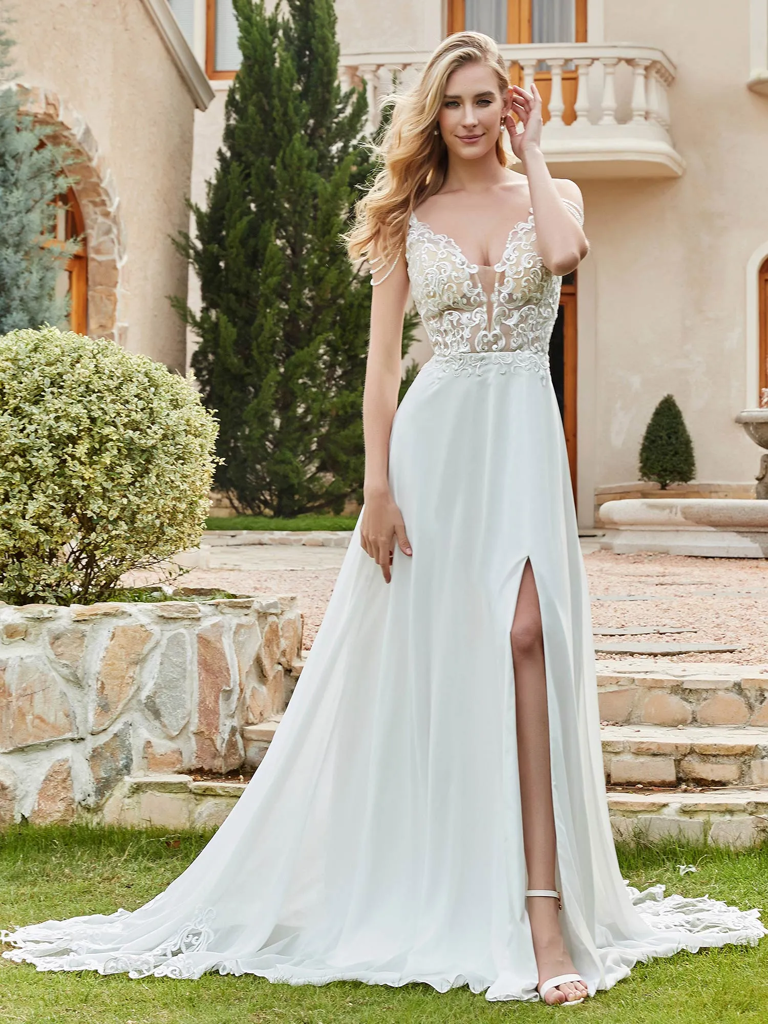 Chiffon And Lace  A-Line Wedding Dress With Buttons Ivory