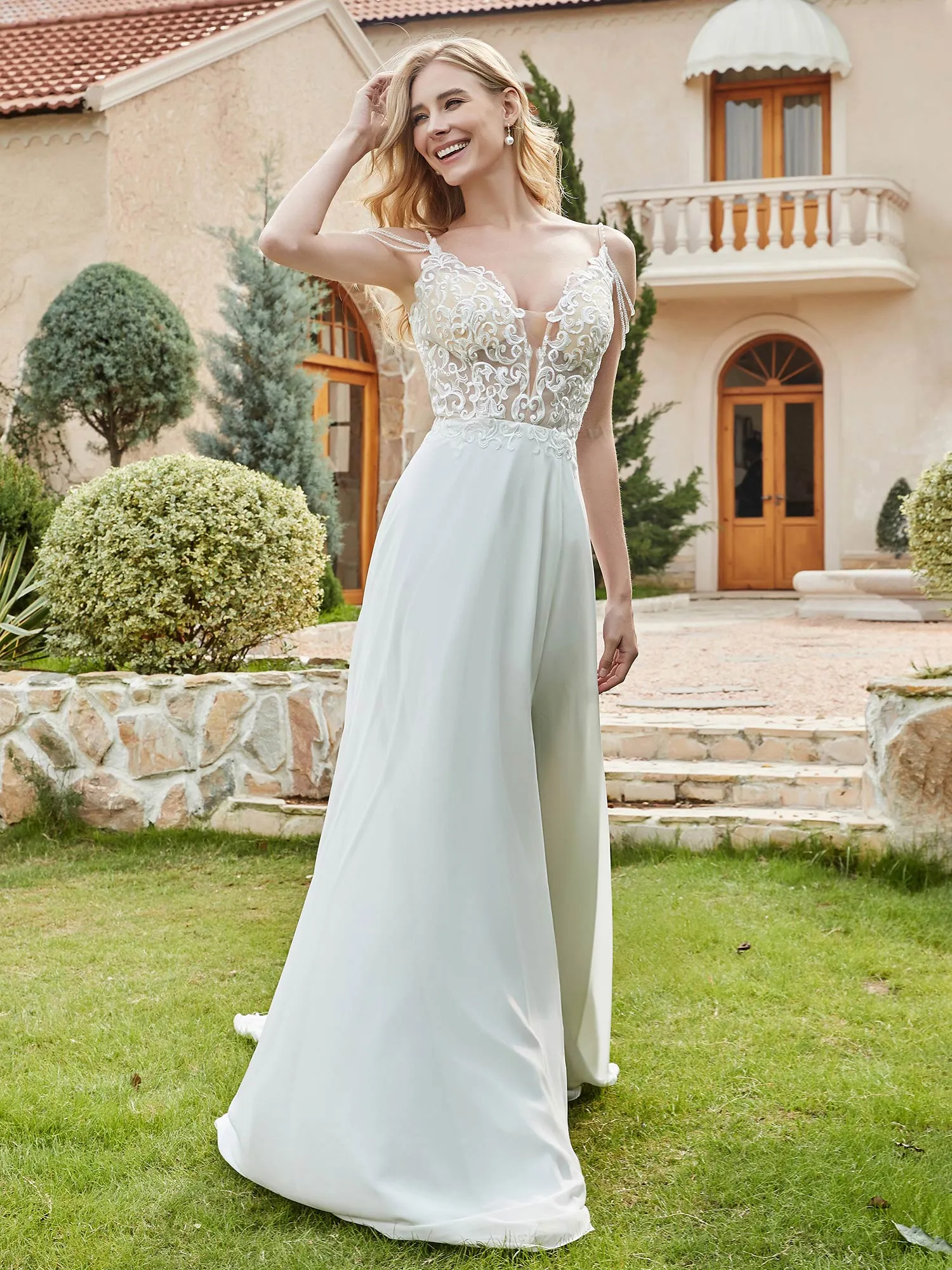 Chiffon And Lace  A-Line Wedding Dress With Buttons Ivory
