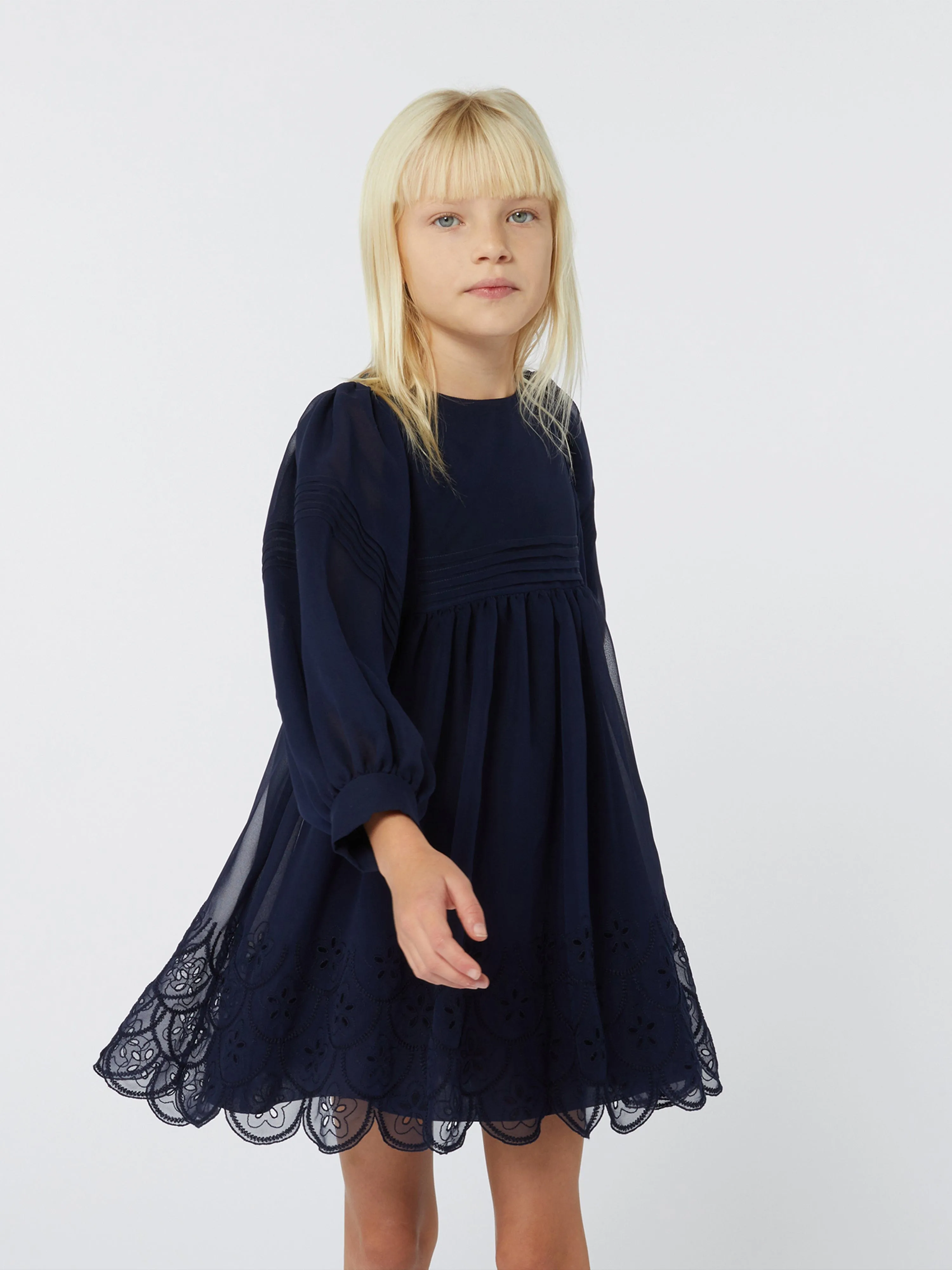 Chloé Girls Silk Embroidered Dress in Navy