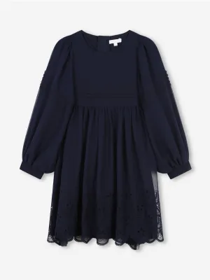 Chloé Girls Silk Embroidered Dress in Navy