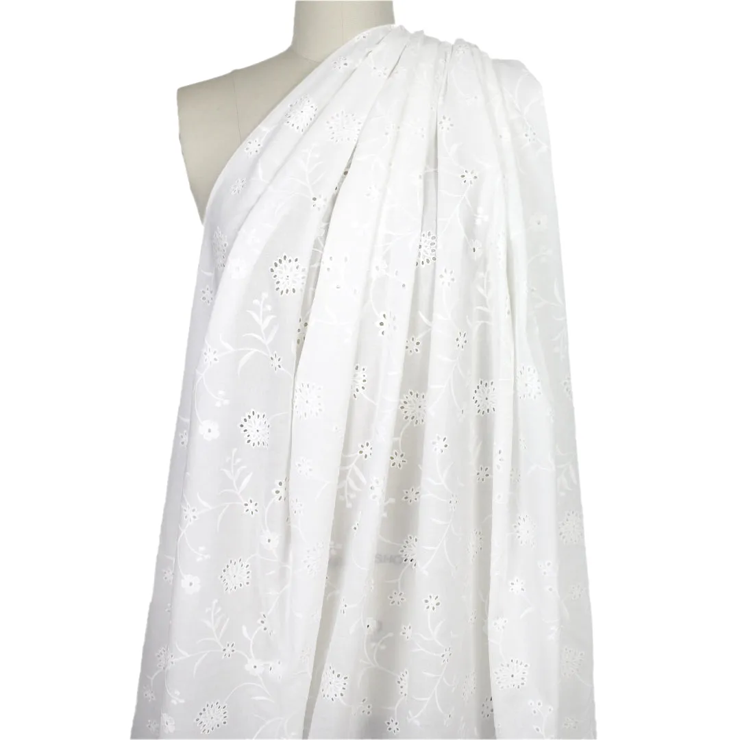 'climbing flowers' embroidered cotton eyelet - soft white, BCI cert.