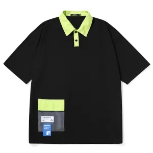 Contrast Color Stitching Print POLO Collar Cotton T-Shirt